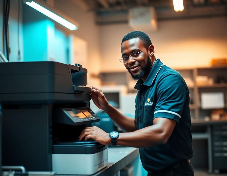 CMYBK engineer servicing an office laser printer
