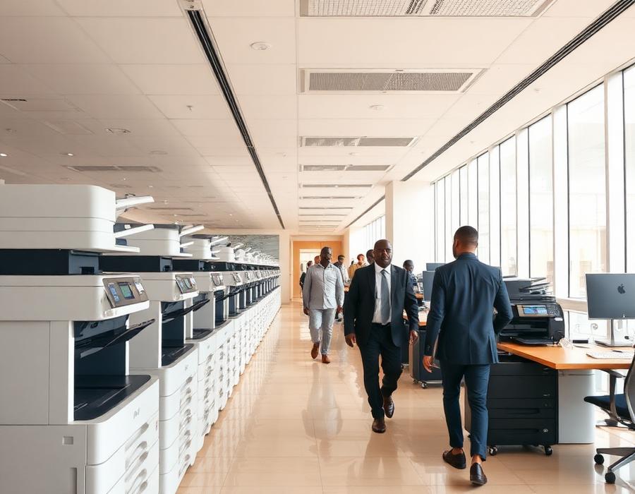 Row of installed multifunction printers in a corporate office