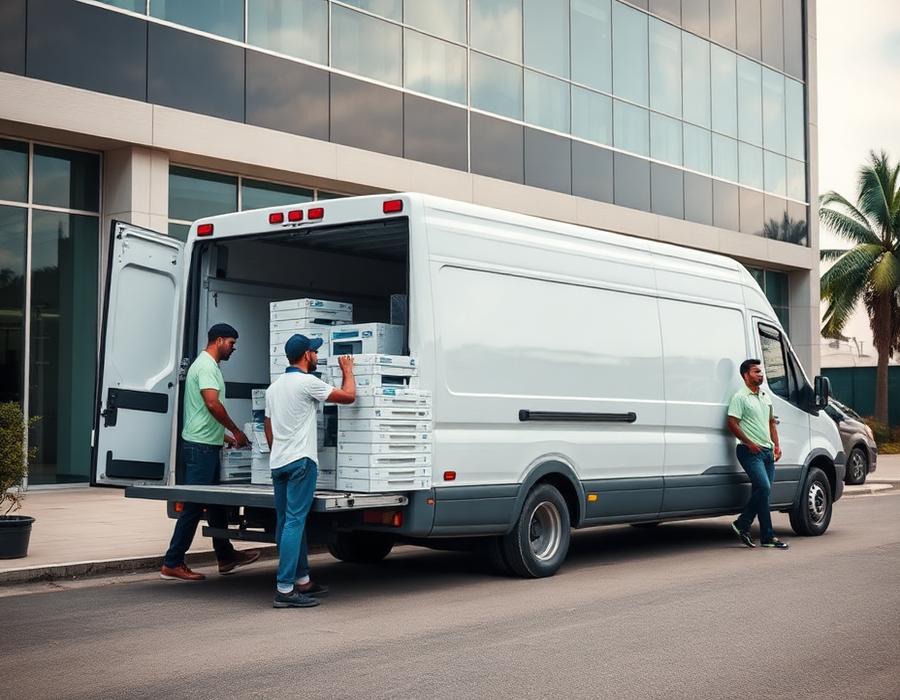 Technicians delivering boxed office printers to a client site