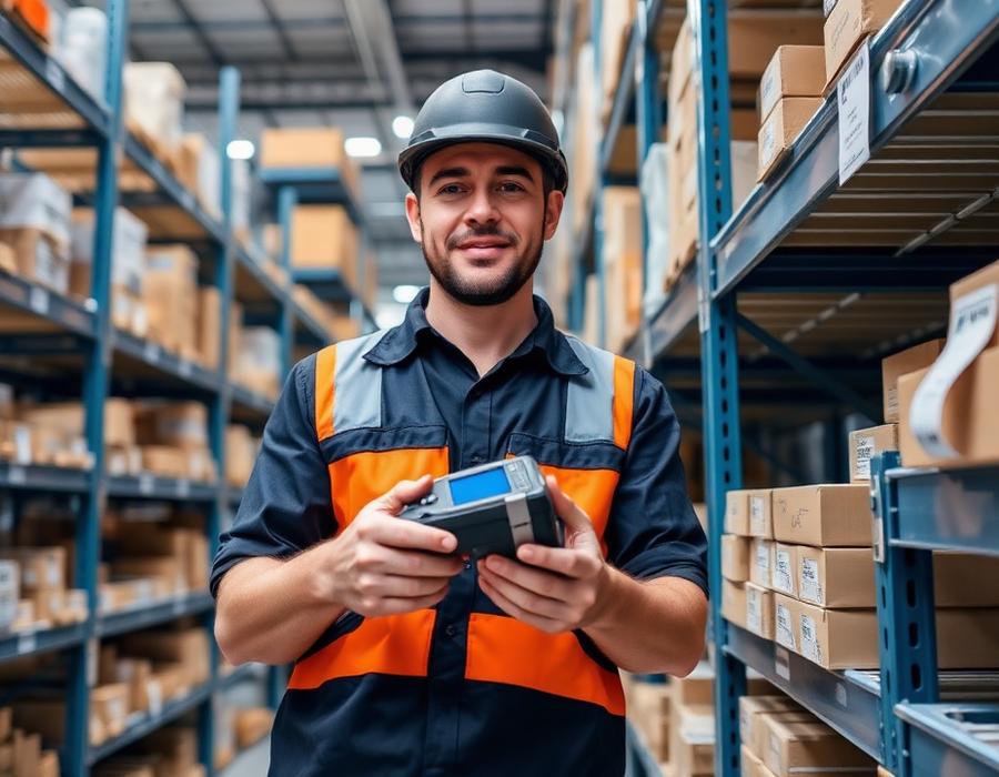 Warehouse staff using a handheld barcode label printer